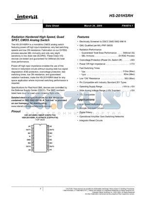 HS1-201HSRH/PROTO datasheet - Radiation Hardened High Speed, Quad SPST, CMOS Analog Switch