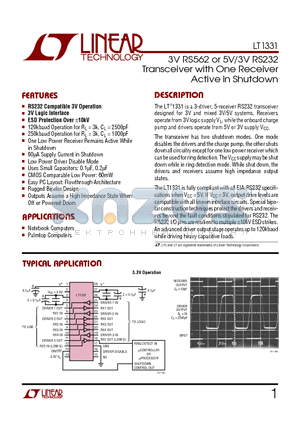 LT1331CSW datasheet - 3V RS562 or 5V/3V RS232 Transceiver with One Receiver Active in Shutdown