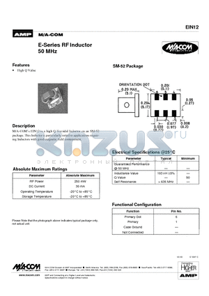 EIN12 datasheet - E-Series RF Inductor 50 MHz
