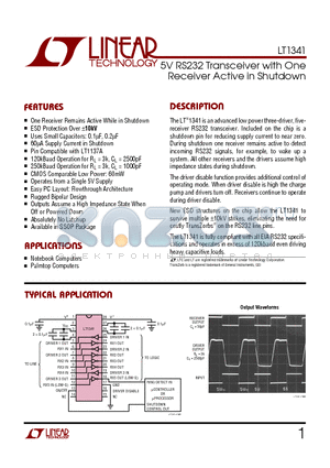 LT1341 datasheet - 5V RS232 Transceiver with One Receiver Active in Shutdown