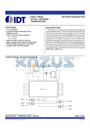 IDT74FCT543AT datasheet - FAST CMOS OCTAL LATCHED TRANSCEIVER