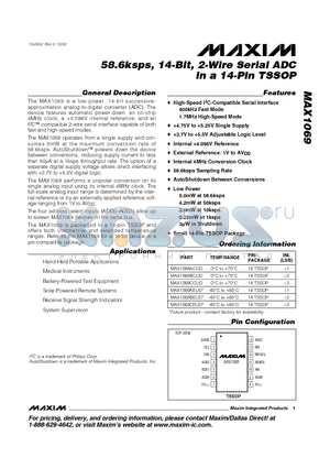 MAX1069ACUD datasheet - 58.6ksps, 14-Bit, 2-Wire Serial ADC