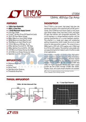 LT1354CS8 datasheet - 12MHz, 400V/us Op Amp