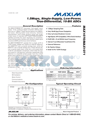 MAX1070 datasheet - 1.5Msps, Single-Supply, Low-Power, True-Differential, 10-Bit ADCs