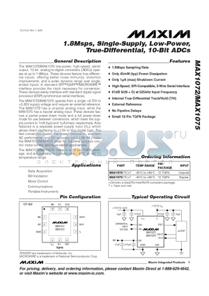 MAX1072_09 datasheet - 1.8Msps, Single-Supply, Low-Power, True-Differential, 10-Bit ADCs