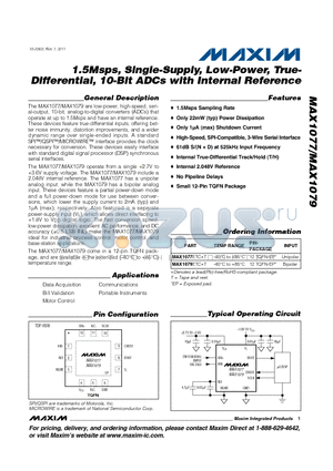 MAX1077ETC datasheet - 1.5Msps, Single-Supply, Low-Power, True-Differential, 10-Bit ADCs with Internal Reference