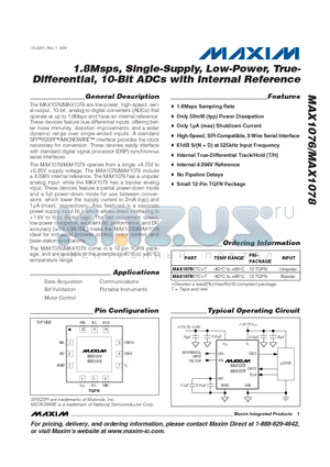 MAX1078 datasheet - 1.8Msps, Single-Supply, Low-Power, True- Differential, 10-Bit ADCs with Internal Reference