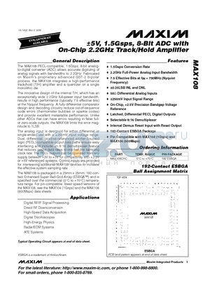 MAX108 datasheet - a5V, 1.5Gsps, 8-Bit ADC with On-Chip 2.2GHz Track/Hold Amplifier