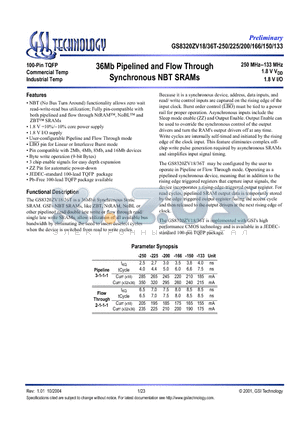 GS8320ZV18GT-133I datasheet - 36Mb Pipelined and Flow Through Synchronous NBT SRAMs