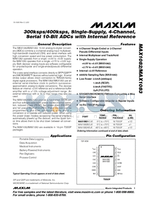 MAX1083BCUE datasheet - 300ksps/400ksps, Single-Supply, 4-Channel, Serial 10-Bit ADCs with Internal Reference