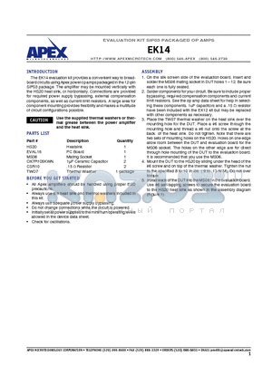 EK14 datasheet - EVALUATION KIT SIP03 PACKAGED OP AMPS