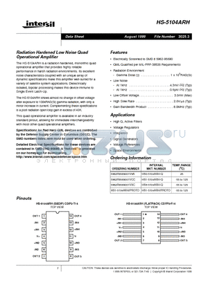 HS1-5104ARH datasheet - Radiation Hardened Low Noise Quad Operational Amplifier