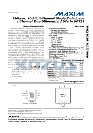 MAX1088EKA-T datasheet - 150ksps, 10-Bit, 2-Channel Single-Ended, and 1-Channel True-Differential ADCs in SOT23