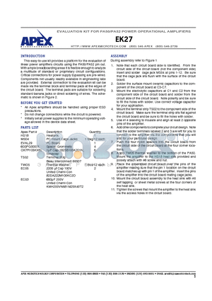 EK27 datasheet - EVALUATION KIT FOR PA50/PA52 POWER OPERATIONAL AMPLIFIERS