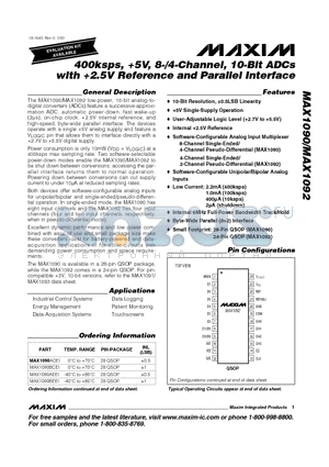 MAX1090BEEI datasheet - 400ksps, 5V, 8-/4-Channel, 10-Bit ADCs with 2.5V Reference and Parallel Interface