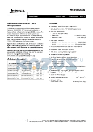 HS1-80C86RH/PROTO datasheet - Radiation Hardened 16-Bit CMOS Microprocessor