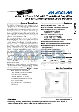 MAX109EHF-D datasheet - 8-Bit, 2.2Gsps ADC with Track/Hold Amplifier and 1:4 Demultiplexed LVDS Outputs