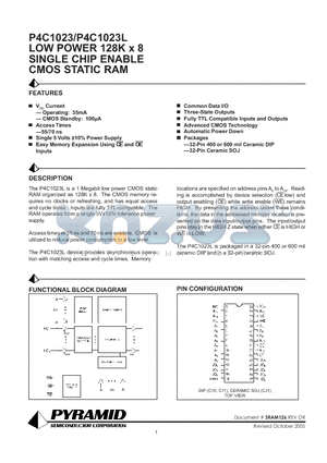 P4C1023-55CC datasheet - LOW POWER 128K x 8 SINGLE CHIP ENABLE CMOS STATIC RAM