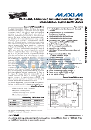 MAX11040KGUU datasheet - 24-/16-Bit, 4-Channel, Simultaneous-Sampling, Cascadable, Sigma-Delta ADCs