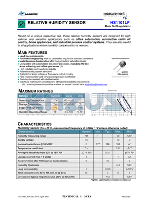 HS1101LF datasheet - RELATIVE HUMIDITY SENSOR