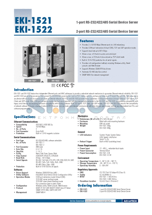 EKI-1521 datasheet - 1-port RS-232/422/485 Serial Device Server