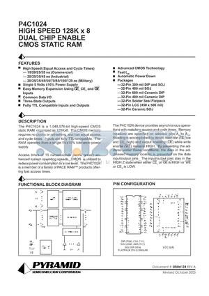 P4C1024-15J4C datasheet - HIGH SPEED 128K X 8 CMOS STATIC RAM