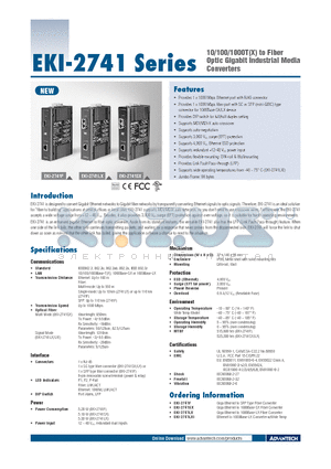 EKI-2741SX datasheet - 10/100/1000T(X) to Fiber Optic Gigabit Industrial Media Converters