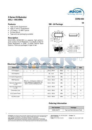EKIN2-960TR datasheet - E-Series I/Q Modulator 935.2 - 959.8 MHz