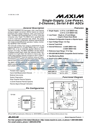 MAX1108EUB datasheet - Single-Supply, Low-Power, 2-Channel, Serial 8-Bit ADCs