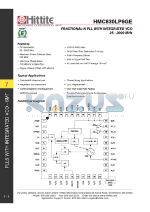 EKIT01-HMC830LP6GE datasheet - FRACTIONAL-N PLL WITH INTEGRATED VCO 25 - 3000 MHz