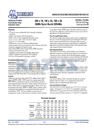 GS8321E18GE-133I datasheet - 2M x 18, 1M x 32, 1M x 36 36Mb Sync Burst SRAMs