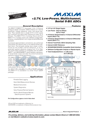 MAX1110 datasheet - 2.7V, Low-Power, Multichannel, Serial 8-Bit ADCs
