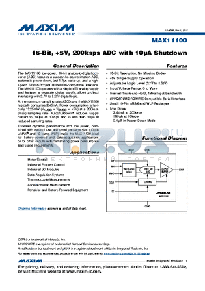 MAX11100EWC+ datasheet - 16-Bit, 5V, 200ksps ADC with 10lA Shutdown