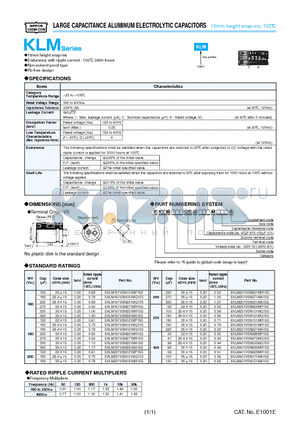 EKLM201VSN151MQ15S datasheet - LARGE CAPACITANCE ALUMINUM ELECTROLYTIC CAPACITORS