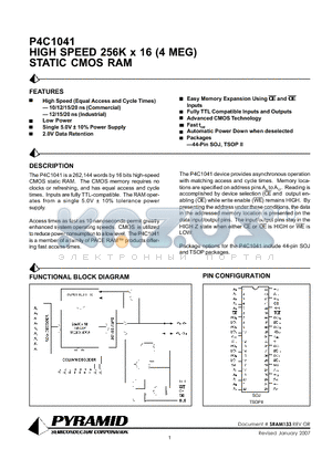 P4C1041 datasheet - HIGH SPEED 256K x 16 (4 MEG) STATIC CMOS RAM