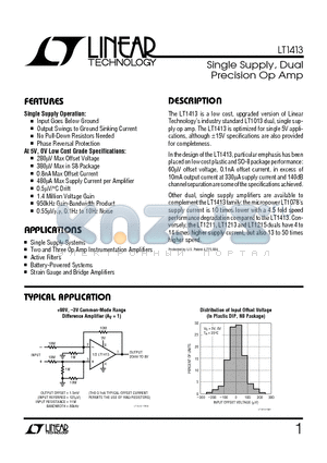 LT1413 datasheet - Single Supply, Dual Precision Op Amp