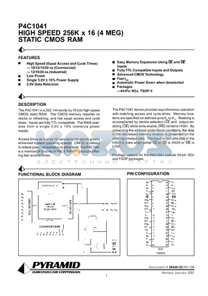 P4C1041-12JI datasheet - HIGH SPEED 256K x 16 (4 MEG) STATIC CMOS RAM