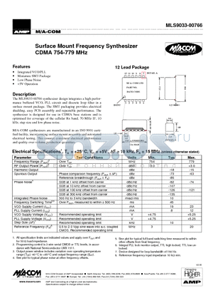 MLS9033-00766 datasheet - Surface Mount Frequency Synthesizer CDMA 754-779 MHz