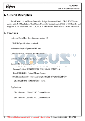 EKM8025 datasheet - USB & PS/2 Mouse Controller