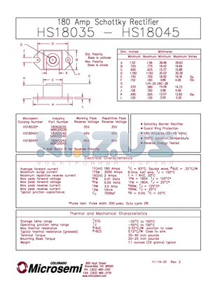 HS18035 datasheet - 180 AMP SCHOTTKY RECTIFIER