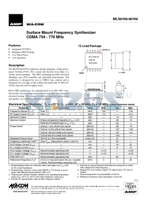 MLS9108-00766 datasheet - Surface Mount Frequency Synthesizer CDMA 754 - 779 MHz