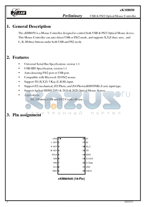 EKM8050 datasheet - USB & PS/2 Optical Mouse Controller