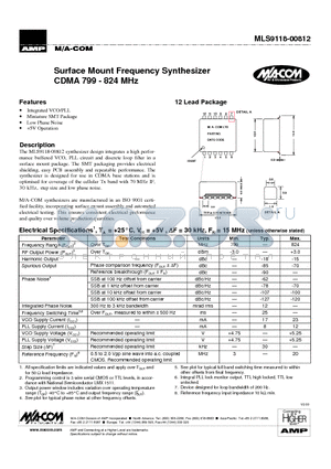 MLS9118-00812 datasheet - Surface Mount Frequency Synthesizer CDMA 799 - 824 MHz