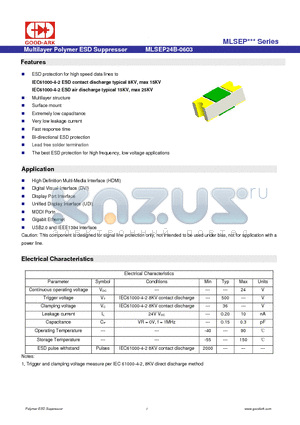 MLSEP24B-0603 datasheet - Multilayer Polymer ESD Suppressor