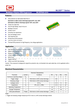 MLSEP08A-2510 datasheet - Multilayer Polymer ESD Suppressor