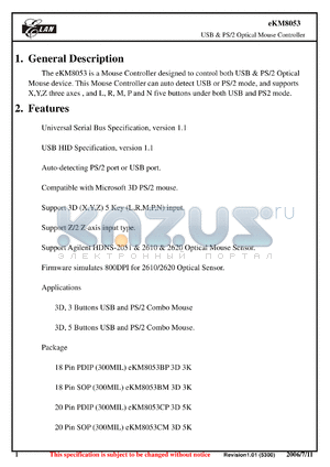 EKM8053CP datasheet - USB & PS/2 Optical Mouse Controller