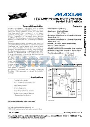 MAX1112 datasheet - 5V, Low-Power, Multi-Channel, Serial 8-Bit ADCs Internal 4.096V Reference
