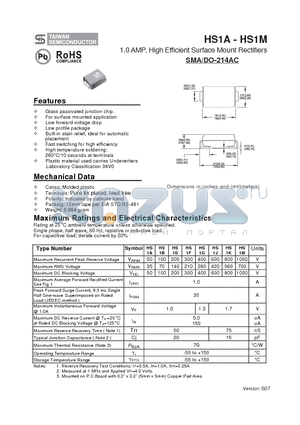 HS1B datasheet - 1.0 AMP. High Efficient Surface Mount Rectifiers