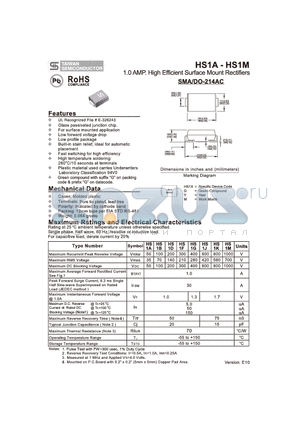 HS1G datasheet - 1.0 AMP. High Efficient Surface Mount Rectifiers