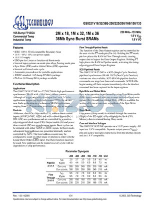 GS8321V18GE-150I datasheet - 2M x 18, 1M x 32, 1M x 36 36Mb Sync Burst SRAMs